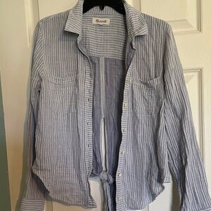 Madewell Blue and White Striped Button-Up Shirt with back Tie medium cotton